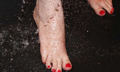 Wifes GORGEOUS shower humid soles sole crimson toes